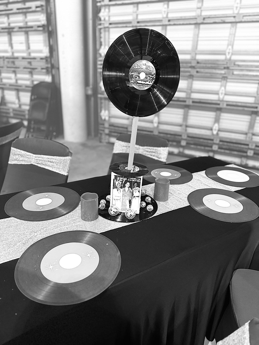 A&A Events vinyl record themed table decor